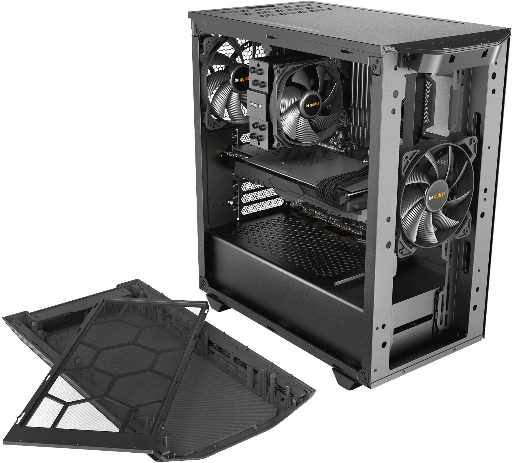 An open computer case reveals fans and hardware components inside. A removed side panel lies beside it.