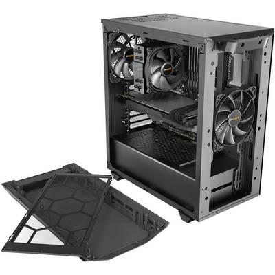 An open computer case reveals fans and hardware components inside. A removed side panel lies beside it.