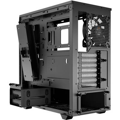 Black PC case in an open state. Visible fan opening, expansion slots, and internal frame structure.