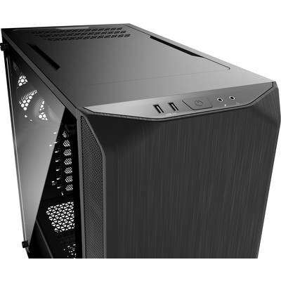 Black computer case with side glass window, two USB ports, a power button, and headphone jack on the front panel.