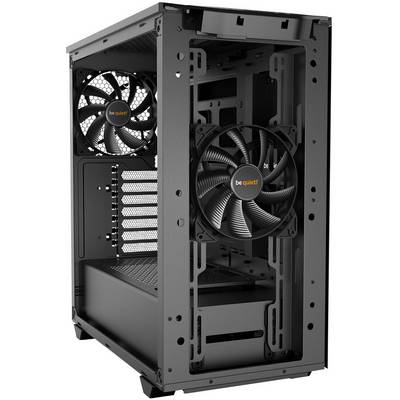 An open computer case with visible fans, internal space for components, and the 'be quiet!' brand on the fan blades.
