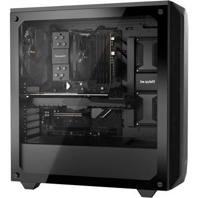 Black desktop PC case with transparent side panel. Visible components: fans, CPU cooler, RAM sticks, and graphics card.