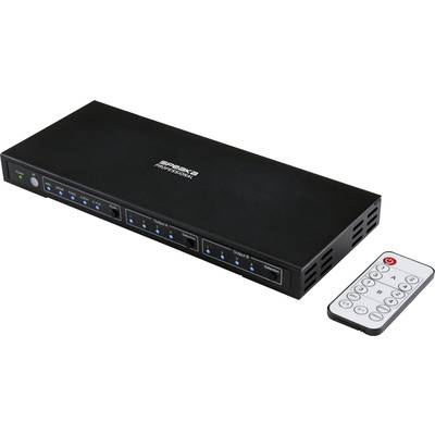 A black HDMI matrix with four inputs and two outputs, alongside a small remote control with buttons for channel control.