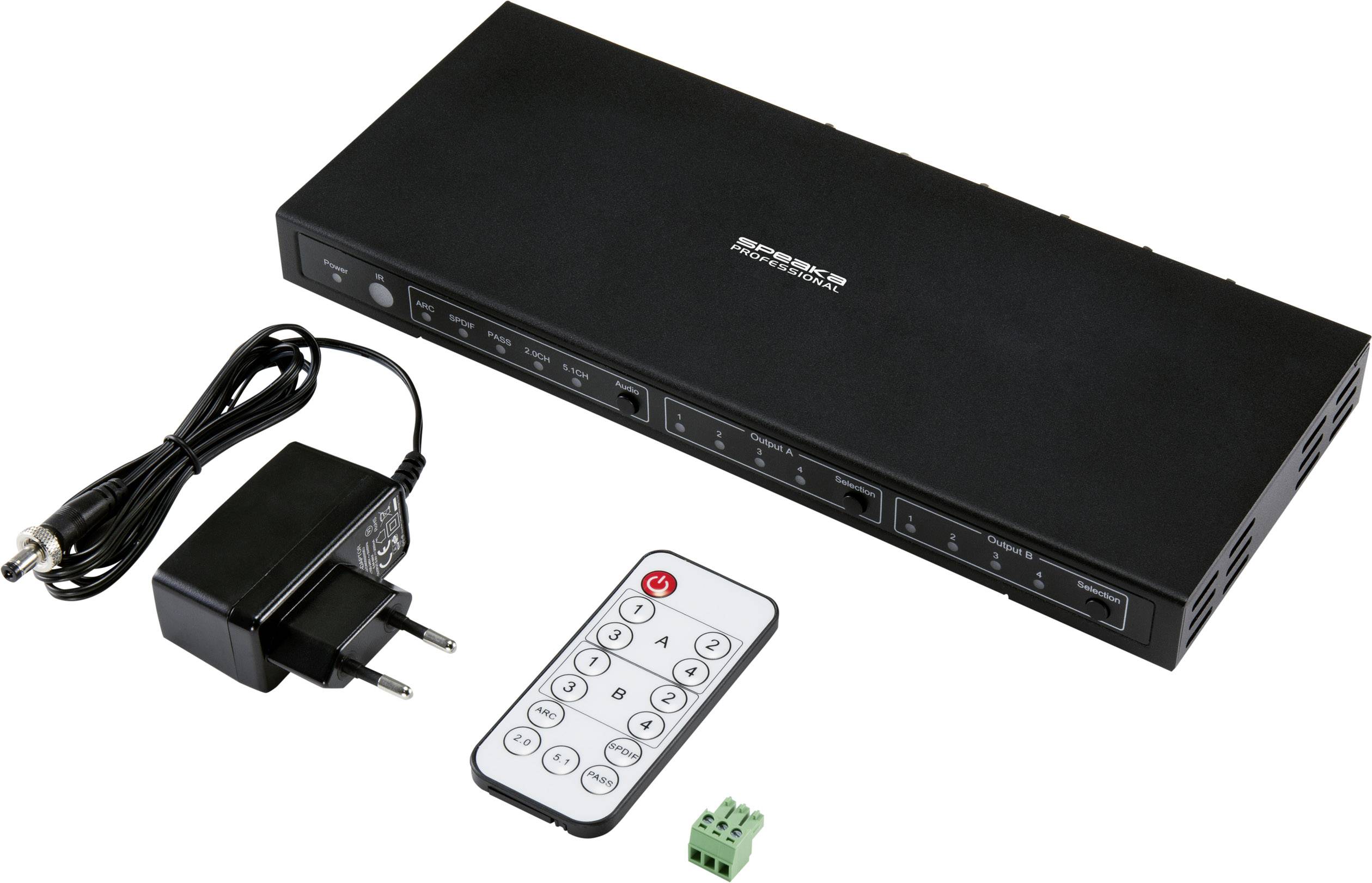Black digital HDMI matrix switch with power adapter, remote control and green terminal block. Used for video distribution.