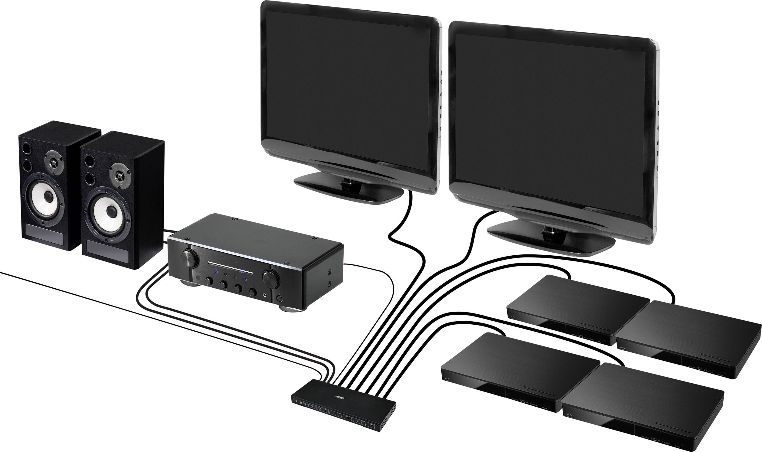Diagram of Connection Architecture: Two Monitors, Speakers, Amplifier and Four Gaming Consoles, All Interconnected