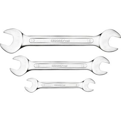 Three open spanners of different sizes, arranged in parallel. Size specifications and 'GEDORE/red' are embossed on each spanner.