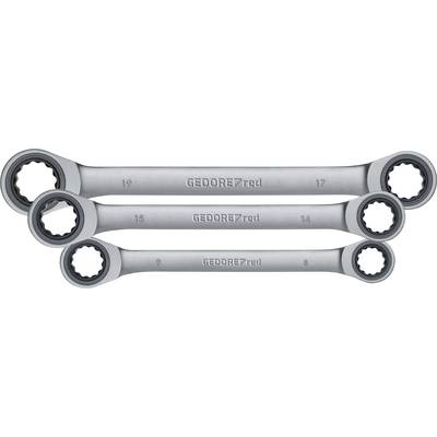 Three ratchet spanners, labelled 'GEDORE red', in sizes 19/17, 18/16, and 15/14.