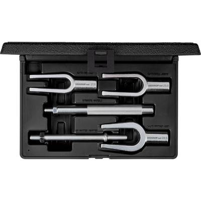 Black toolbox with three puller spanners and a pulling hammer, which are nestled in shaped recesses.