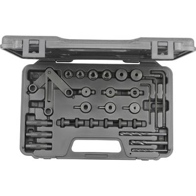 A toolbox open, displaying several drill bits and tools, neatly arranged in moulded compartments.