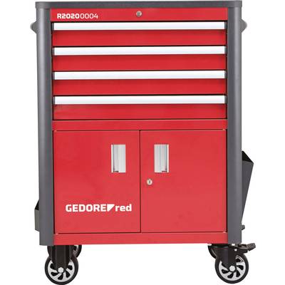 A red workshop trolley with five drawers and two doors at the bottom, standing on four castors. Inscription: 'GEDORE red'.