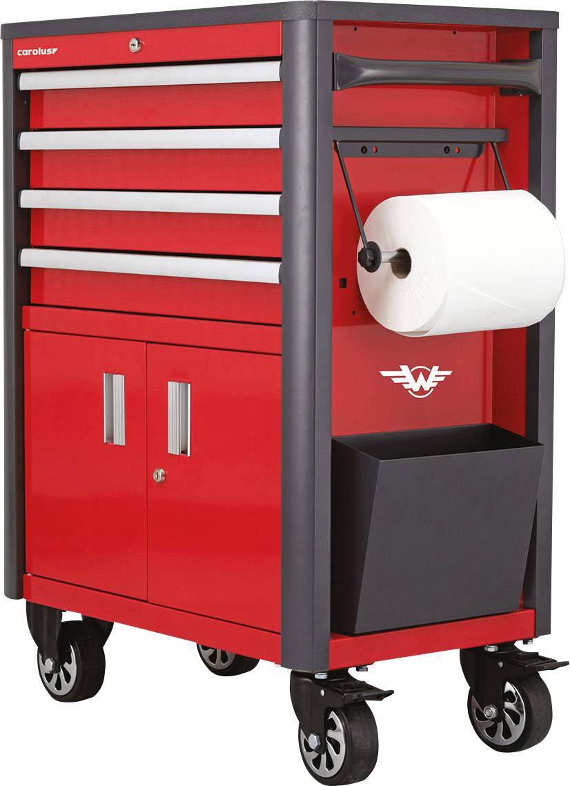 Red workshop trolley with four drawers, two doors, paper roll holder and waste bin, mounted on four wheels for easy mobility.