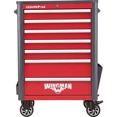 Red tool trolley with seven drawers, three small and four large. Brand logos 'GEDORE red' and 'WINGMAN' are visible at the front. On wheels.