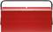 Red toolbox with carry handle, closed.