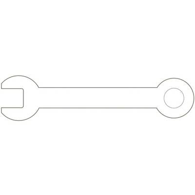 A simple, linearly drawn spanner with an open end on the left and a round ring on the right.