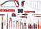 A set of hand tools in red and silver, including spanners, pliers, screwdrivers, a saw, a hammer and a tape measure.