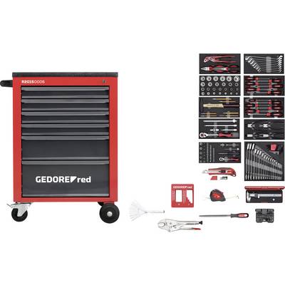 A red tool trolley with multiple drawers, filled with various tools such as spanners, pliers, and socket sets.
