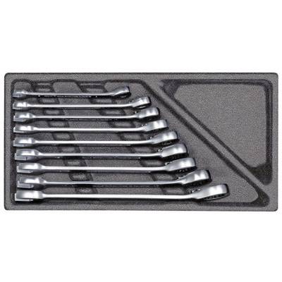 A set of spanners in a plastic insert, lying on a table. The spanners are sorted in various sizes.