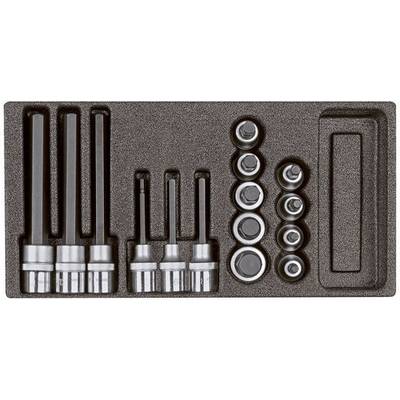 'Set of socket keys and extension bars in a tool storage, neatly arranged.'