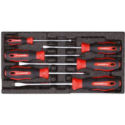 Six-piece screwdriver set with red and black handles, neatly arranged in a foam container.