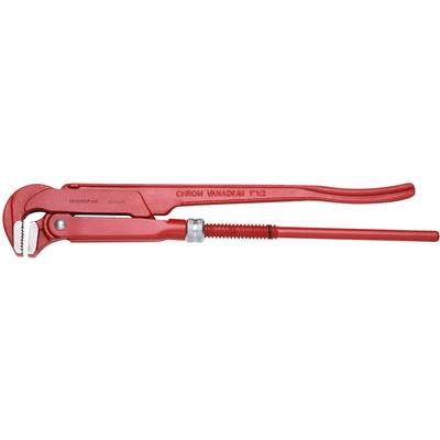 Red pipe wrench with adjustable handle and serrated jaws, suitable for gripping and holding pipes.