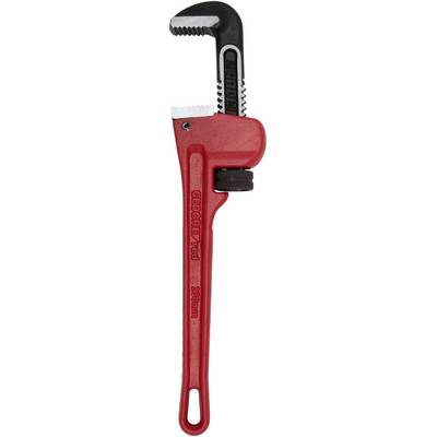 A red adjustable pipe wrench with movable jaws for gripping and turning pipes and similar objects.