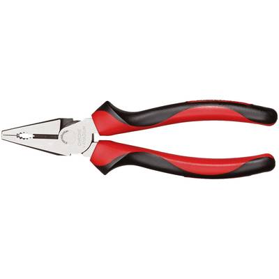 A red and black pair of pliers lying on a white background. They have rubber-gripped handles and a serrated metal jaw.