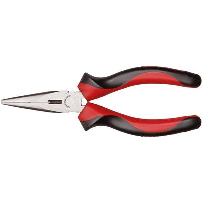 Red and black pointed pliers with insulated handles.