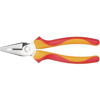 Pliers with a red-yellow handle for gripping and cutting wires and cables.