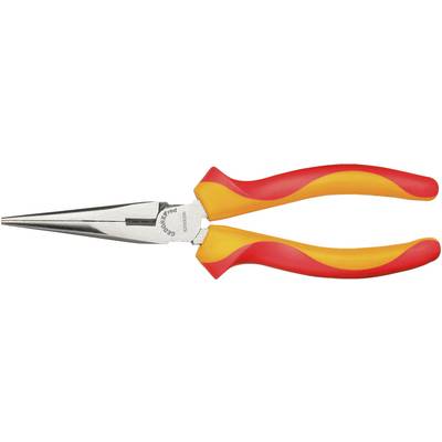 Image of a red and yellow needle-nose pliers with insulated handles. Suitable for work with electrical conductors.
