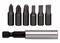 A set of six black screwdriver bits with a silver adapter, suitable for various screw heads.