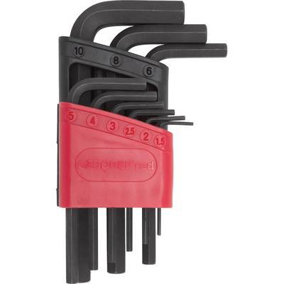 Set of nine black hex keys in different sizes, held in a red plastic holder with embossed numbers.