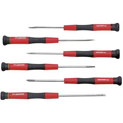 Six precision screwdrivers with red and black handles, with different sized flat and cross-head tips.
