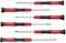 Six precision screwdrivers with red and black handles, with different sized flat and cross-head tips.