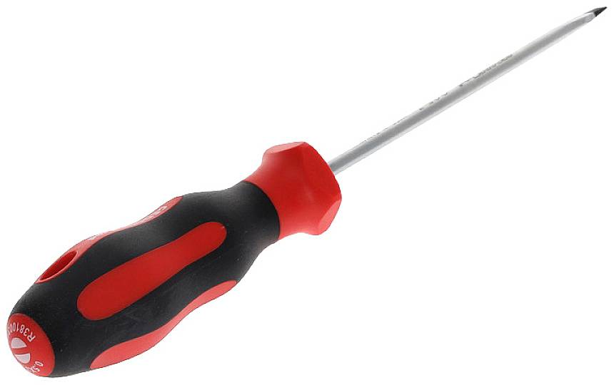 A screwdriver with a red and black handle and a long, thin metal tip.