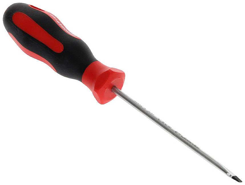 A red and black screwdriver with an ergonomic handle lies at an angle.
