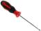 A red and black screwdriver with an ergonomic handle lies at an angle.