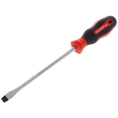 A screwdriver with a red and black handle and a flat tip. Suitable for loosening or securing slotted screws.