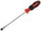 A screwdriver with a red and black handle and a flat tip. Suitable for loosening or securing slotted screws.