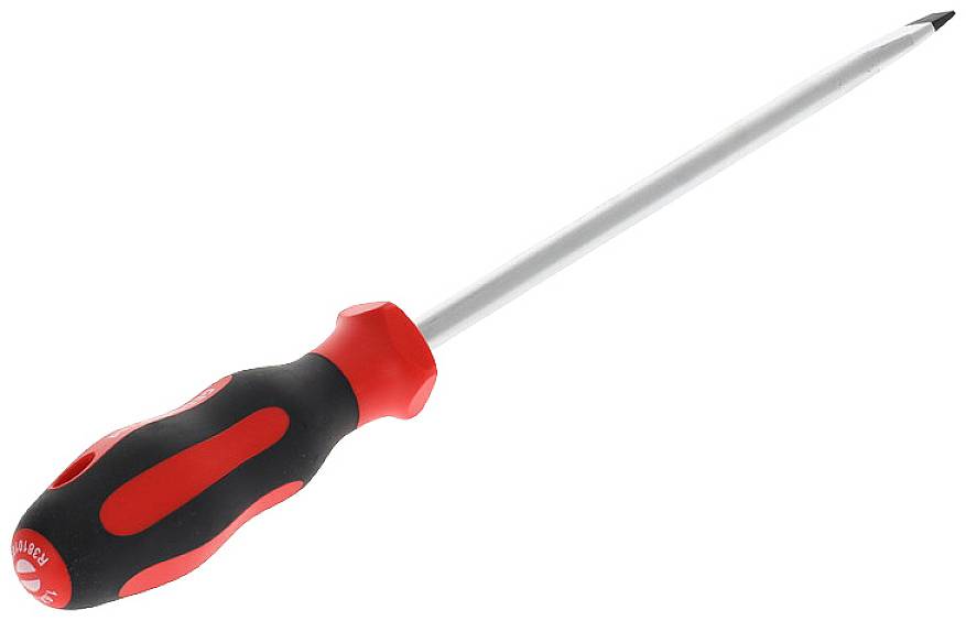 A cross-head screwdriver with a red and black handle lies on a white background.