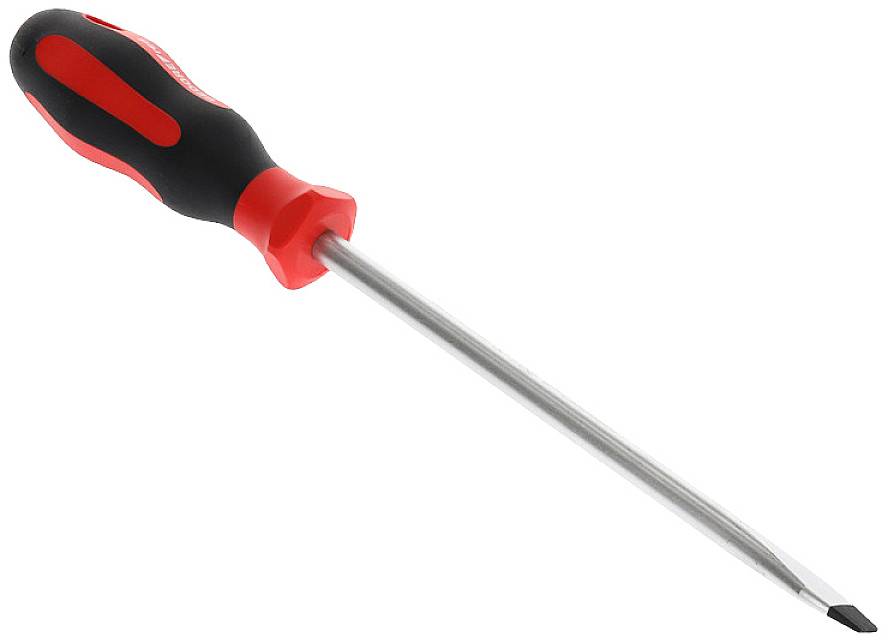 A red Phillips head screwdriver with a black handle, shown from the side. The handle features an ergonomic design for a secure grip.