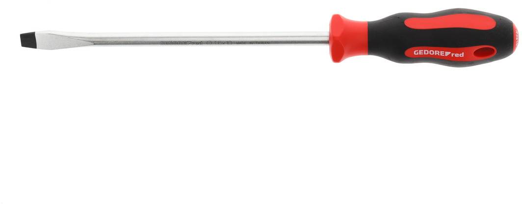 Slotted screwdriver with red and black handle, pointing to the left side. Brand name visible on the handle.