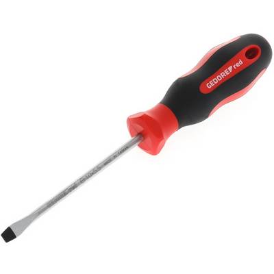 Flat-head screwdriver with an ergonomic handle in red and black.