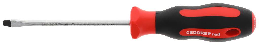A flat-head screwdriver with a red and black handle is lying horizontally.