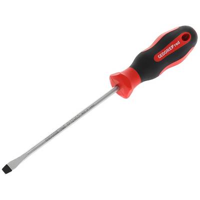 Flat-head screwdriver with red and black handle. Suitable for loosening and tightening slotted screws.