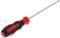 A cross-head screwdriver with a red and black handle.