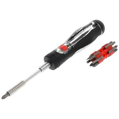 A multi-functional screwdriver with interchangeable bits, including Phillips and flathead screw heads, next to a black handle.