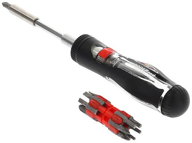 A multifunctional screwdriver with interchangeable bits in various sizes, which are housed in a compact red holder.