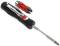 Screwdriver with interchangeable bits, black handles, red elements; demonstrates usage options for various screw types.