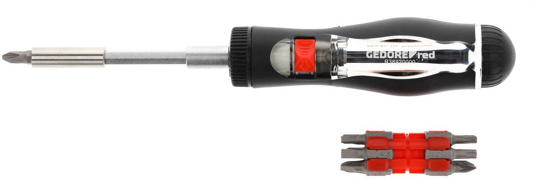 A black screwdriver with interchangeable bits, two red switches on the side and several bits shown.