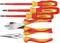 Four isolated screwdrivers, a flat-nose pliers and a combination pliers in red-yellow by GEDORE. Ideal for electrical work.